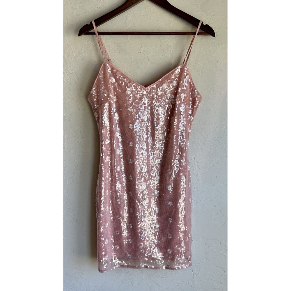 Yilibasha Daisy‎ Embroidered Pink Sequin Mini Slip Dress L Iridescent Glam Party